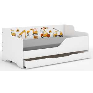 Pat LILU alb pentru copii cu design de vehicule de construcții, 160x80cm, cu saltea și sertar de depozitare - Nonbrand Paturi pentru tineri