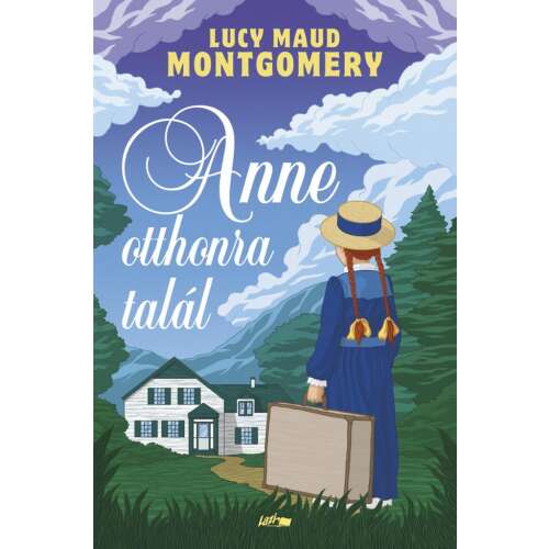 Anne a Zöldmanzárdából könyvborító, Lucy Maud Montgomery, Anne Shirley, vörös haj, kék ruha, bőrönd, ház, zöld fák, felhők 