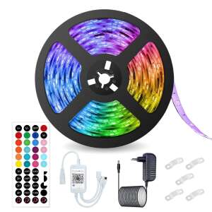 Vaxiuja 5 meter RGB LED strip kit with remote control, power adapter, and mounting clips - Garden