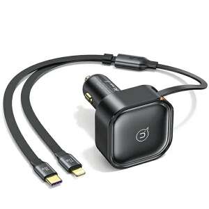 USAMS Autoladegerät mit einziehbaren Kabeln, 1x USB-C + 1x Lightning, 30W Schnellladung, schwarz - Autoladegeräte