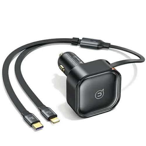 USAMS Autoladegerät mit einziehbaren Kabeln, 1x USB-C + 1x Lightning, 30W Schnellladung, schwarz