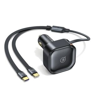 USAMS 30W PD nabíjačka do auta s duálnymi USB-C a Lightning káblami na bielom pozadí - Nabíjačky do auta
