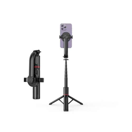 Čierny SSTR-C09 selfie stick so statívom a bluetooth diaľkovým ovládaním, kompatibilný s MagSafe, pre telefóny iPhone a Android