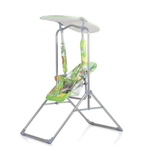 FUNNY kerti hinta ZÖLD, zöld babahinta napellenzővel, kültéri hinta kisgyermekeknek, dzsungel állatok mintával