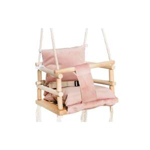 Pink baby swing with wooden frame and plush seat, safety belt included - Indoor Baby Swing and High Chair