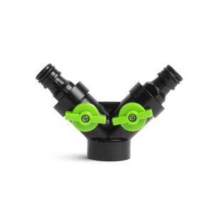 Black plastic hose connector with two green taps, 3/4 inch, quick connect, garden hose splitter - Hose Connector
