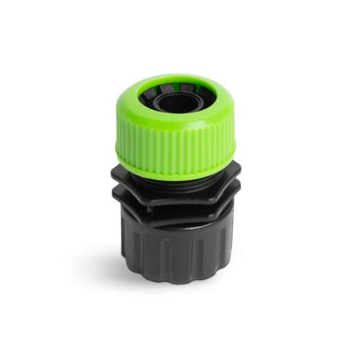 Green and black plastic hose tap connector, 3/4 inch tap to 1/2 inch hose