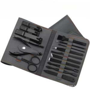 Manicure and pedicure set, 16 pieces, gray. Includes nail clippers, scissors, cuticle pushers, and other tools in a gray case. - Manicure set