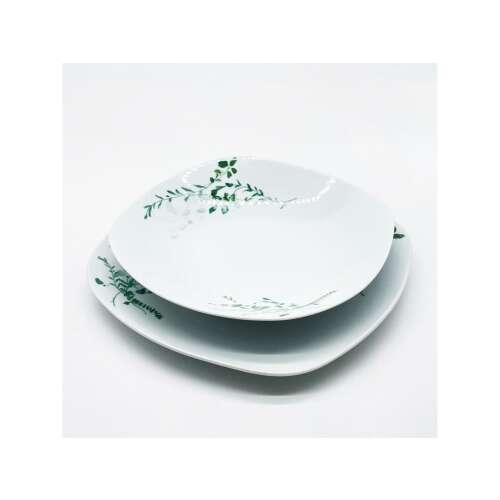 Berlinger Haus 18 részes porcelán étkészlet, zöld virágos, négyzet alakú lapos tányér és salátás tál