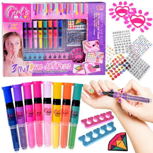 Girl's DIY 3-in-1 Nail Art Pens set with nail polish, glitter, and stickers, complete manicure kit