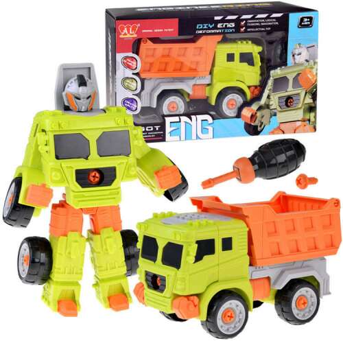 2 in 1 buildable toy truck and robot, green and orange, with screwdriver and screws
