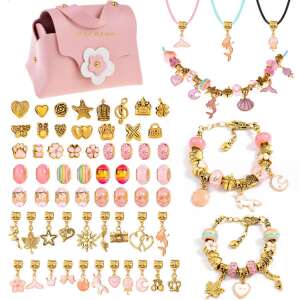 Bead and charm set for jewelry making in a small pink bag, includes charms, beads, bracelets, and necklace - Jewelry Making Kit