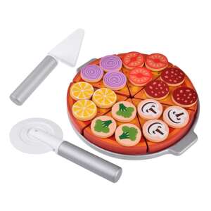 Wooden pizza playset with toppings, pizza cutter, and spatula - Play food