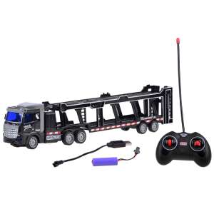Black remote control car transporter truck with trailer, remote control, battery, and USB cable - Ramiz Remote control vehicle