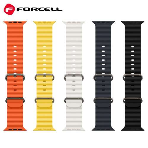 Forcell F-Design Apple Watch bands in orange, yellow, white, and black