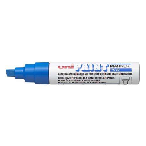 Uni Paint Marker PX-30 blau, ölbasierter Farbmarker, schnelltrocknend, wasserfest, UV-beständig, hitzebeständig bis 250 Grad Celsius, abgeschrägte Spitze, 4-8,5 mm Strichstärke