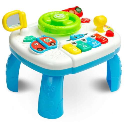 Interactive activity table with steering wheel, piano keys, mirror, and other features for toddlers and babies, Toyz brand