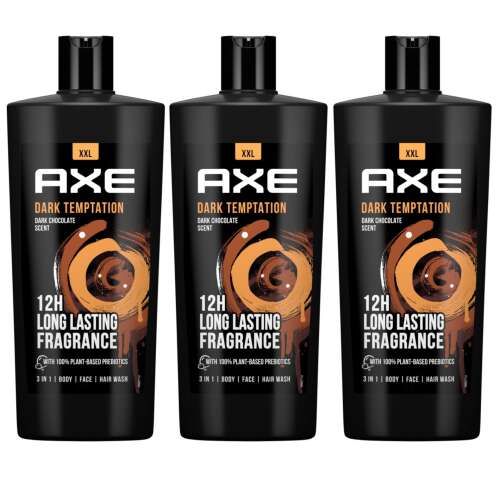 Axe Dark Temptation Duschgel 3er Pack, 3 x 700ml, 12 Stunden lang anhaltender Duft, 3 in 1 Körper, Gesicht und Haarwäsche, dunkle Schokolade Duft