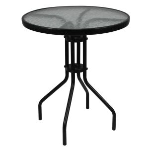 Nahaufnahme eines schwarzen runden Terrassentisches mit strukturierter Glasplatte - Garten