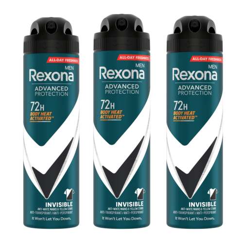 3 pack Rexona Men Advanced Protection Invisible deodorant spray, 72 hour protection, body heat activated, black and white, 150ml