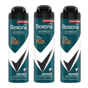 Опаковка от 3 дезодоранта спрея Rexona Men Advanced Protection Invisible, 72 часа защита, активиран от телесната топлина, черен и бял, 150ml - Dezodor