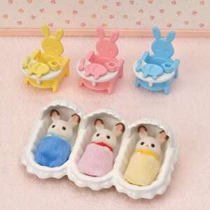 Sylvanian Families Triplet Care Set, showing the three baby bunnies in the triple crib and the three high chairs - Figure