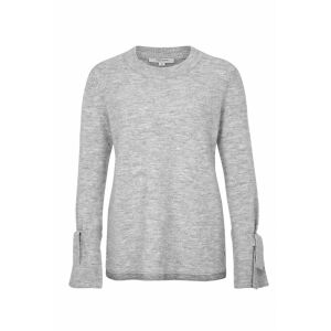 Close up of grey knitted sweater with ribbon cuff detail. - Women's Sweater