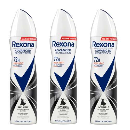 3 darabos Rexona Advanced Protection Invisible női dezodor spray, 72 órás védelem, fekete és fehér, 150ml