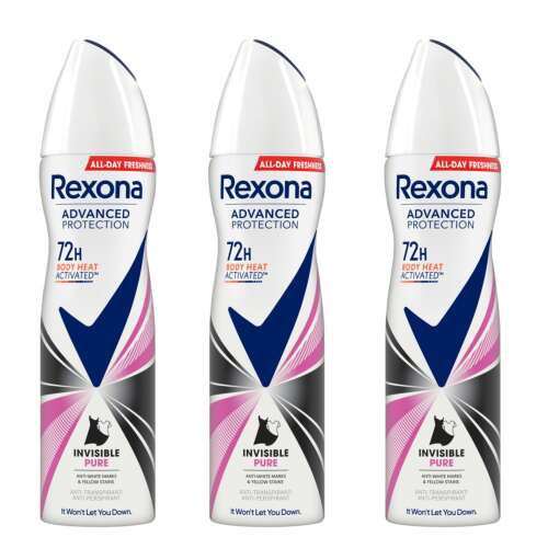 3 db Rexona Advanced Protection Invisible Pure Női Dezodor, 72 Órás Védelem, Fehér és Sárga Foltok Elleni Védelem, Testhőre Aktiválódó