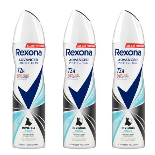 3-pak Rexona Advanced Protection Invisible Aqua dezodorant dla kobiet, 72 godziny ochrony, aktywowany ciepłem ciała, przeciwko białym i żółtym plamom, transparentny, świeżość przez cały dzień