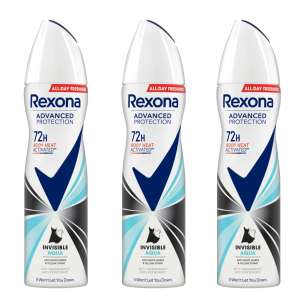3 pack Rexona Advanced Protection Invisible Aqua deodorant for women, 72 hours of protection, body heat activated, anti-white and yellow marks, transparent, all-day freshness - Dezodor