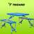Trizand blue folding camping table and chairs set, unfolded, with a carrying handle