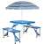 Trizand blue folding camping table and chairs set, unfolded, with an umbrella