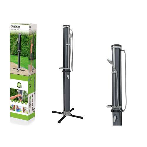 Bestway napelemes zuhany zuhanyfejjel és tömlővel, kereszt alakú alapon állva, a csomagolása mellett.