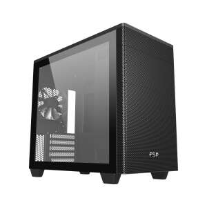 FSP CST360B computer case, black, tempered glass side panel, angled view - Computer Case