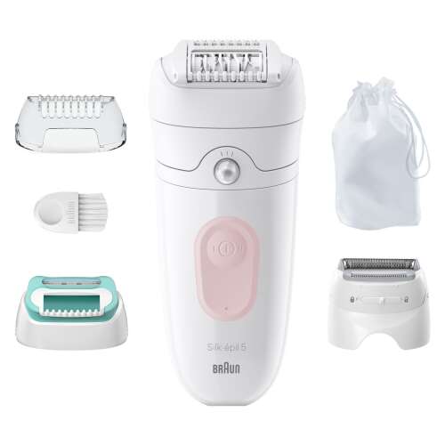 Epilator Braun Silk-épil 5 5-050 z akcesoriami, w tym głowicą do golenia, grzebieniem do trymera i grzebieniem dla początkujących do wrażliwych obszarów