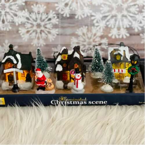 Karácsonyi elemes dekor falu szett LED világítással, 10 db-os