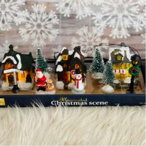 Karácsonyi elemes dekor falu szett LED világítással, 10 db-os