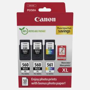 Zestaw Canon PIXMA z wkładami atramentowymi - 2 czarne i 1 kolorowy oraz 50 arkuszy papieru fotograficznego - Materiały eksploatacyjne do drukarek
