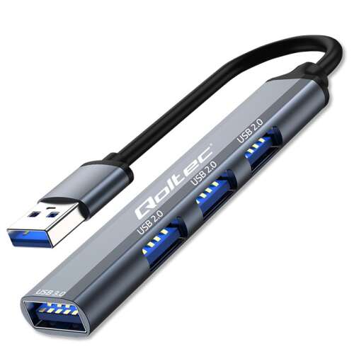 Qoltec 53793 USB 3.0 Hub 4 porttal, 1 USB 3.0 és 3 USB 2.0 porttal, szürke alumínium, plug and play, 5Gb/s adatátviteli sebesség - Qoltec
