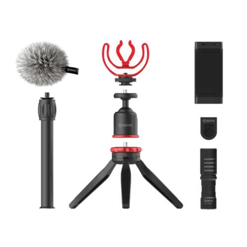 Boya BY-VG330 Smartphone-Stativ-Set mit Mikrofon, beinhaltet Stativ, Telefonklemme, Mikrofon und Zubehör