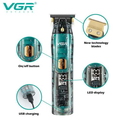 VGR V-961 Professzionális Trimmelő/ Szakálvágó átlátszó borítással és LCD kijelzővel, Vizállóság: IPX7