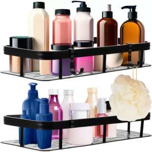 Ruhhy bathroom shelf, black, 2 shelves, with hooks, for shower, storage, organization - Furniture