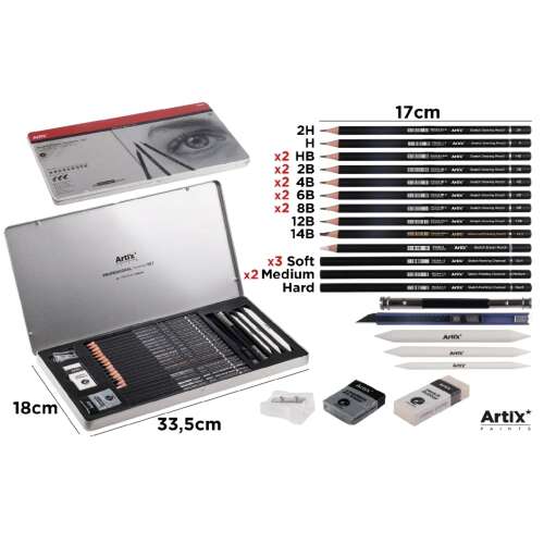 Artix Professzionális rajzkészlet, 28 darab, ceruzákat, radírokat, hegyezőt és egyéb kiegészítőket tartalmaz