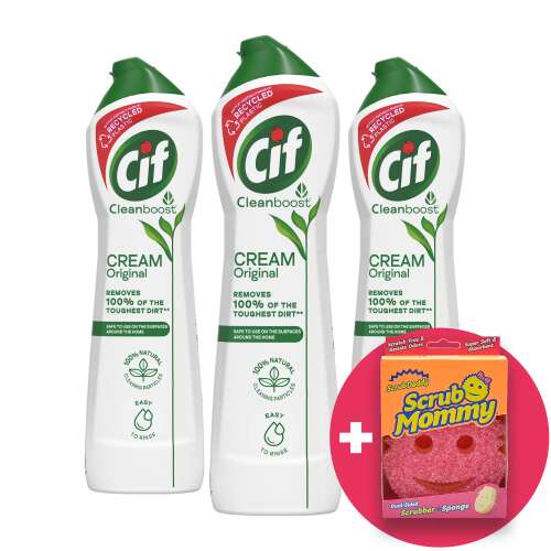 Cif Krema Original 3 pakiranja po 500ml s spužvom Scrub Mommy, uklanja tvrdokorne mrlje, 100% prirodne čestice za čišćenje, lako se ispire, sigurno za većinu površina