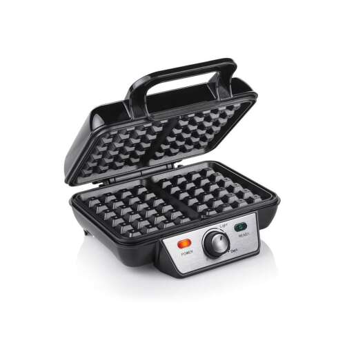 Tristar WF-2195 waffle maker, black, open, showing waffle plates
