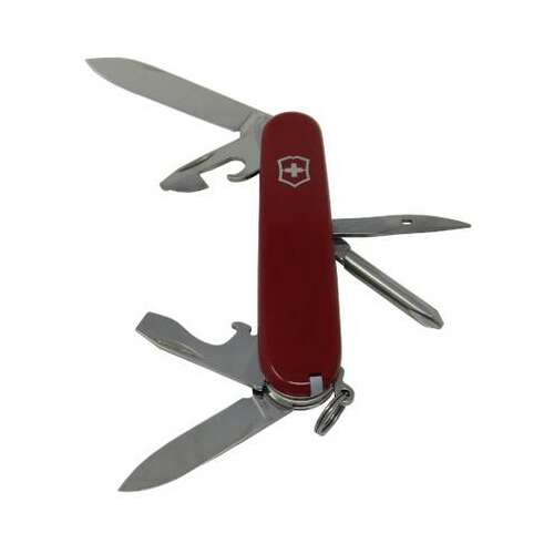 Victorinox svájci bicska, 12 funkcióval, piros markolattal, beleértve a pengét, csavarhúzót, palacknyitót, konzervnyitót, huzalcsupaszolót, fúrót, csipeszt, fogpiszkálót és még sok mást