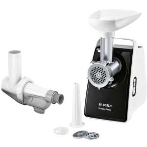 Електрическа месомелачка Bosch CompactPower с пълнеж за колбаси, плочи за смилане и преса за плодове - Кухненски робот машина, Електрически миксер за тесто, Ръчен шредер, Мелница за месо и Ръчен миксер