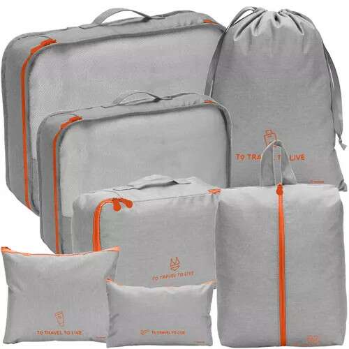 Trizand 7 piece travel organizer set for suitcase, grey with orange zipper