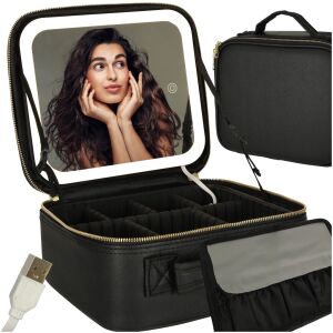 Kozmetikai szervező tükörrel fekete - Black cosmetic organizer with LED lighted mirror open, brush holder and model in mirror - Cosmetic bag